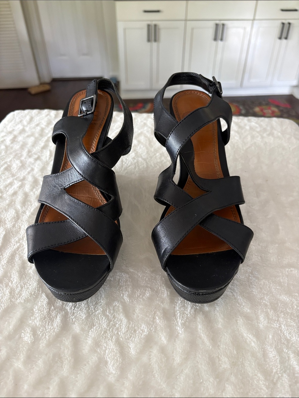 Gianni Bini Black Leather Strappy Wedge Sandals
